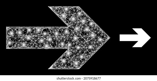 Glossy mesh vector right arrow with glare effect. White mesh, bright spots on a black background with right arrow icon. Mesh and glare elements are placed on different layers.