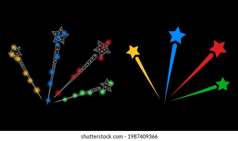 Glossy mesh vector salute stars with glow effect. White mesh, light spots on a black background with salute stars icon. Mesh and glare elements are placed on different layers.