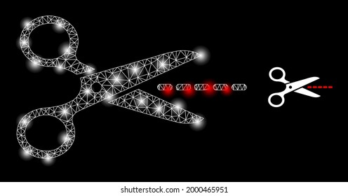 Tijeras vectoriales de malla brillante línea con efecto de resplandor. Malla blanca, puntos de brillo en un fondo negro con icono de línea de tijeras. Los elementos de malla y resplandor se colocan en diferentes capas.