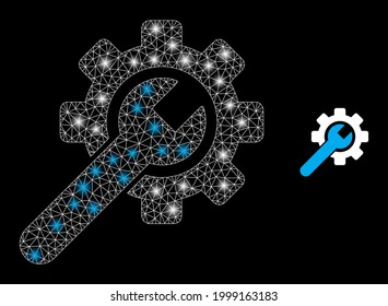 Glossy mesh vector service tool with glow effect. White mesh, glare spots on a black background with service tool icon. Mesh and glowing elements are placed on different layers.