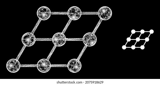 Glossy mesh vector shifted grid with glare effect. White mesh, bright spots on a black background with shifted grid icon. Mesh and glare elements are placed on different layers.