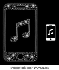 Glossy mesh vector smartphone music with glare effect. White mesh, glare spots on a black background with smartphone music icon. Mesh and glare elements are placed on different layers.