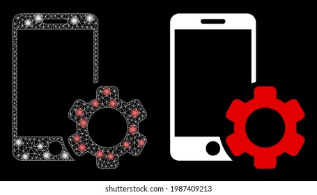 Glossy mesh vector smartphone repair gear with glare effect. White mesh, bright spots on a black background with smartphone repair gear icon. Mesh and glowing elements are placed on different layers.