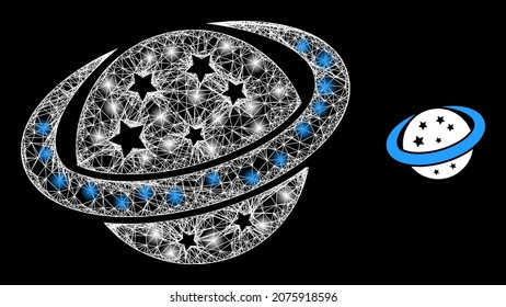 Glossy mesh vector space planet with glare effect. White mesh, glare spots on a black background with space planet icon. Mesh and glare elements are placed on different layers.