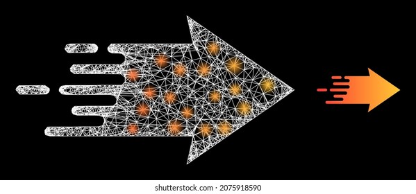 Glossy mesh vector speed arrow with glare effect. White mesh, bright spots on a black background with speed arrow icon. Mesh and glare elements are placed on different layers.