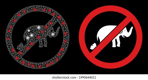 El vector de malla brillante detiene la caña de elefantes con efecto de resplandor. Malla blanca, manchas de luz sobre un fondo negro con un ícono de paro de la mierda de elefante. Los elementos de malla y resplandor se colocan en diferentes capas.