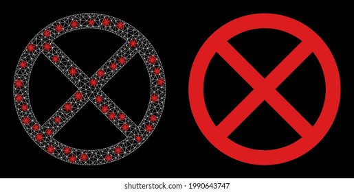 Parada vectorial de malla brillante con efecto de resplandor. Malla blanca, manchas de luz sobre un fondo negro con un icono de parada. La malla y los elementos brillantes se colocan en diferentes capas.