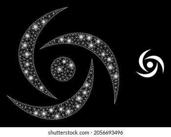 Glossy mesh vector swirl with glare effect. White mesh, glare spots on a black background with swirl icon. Mesh and glare elements are placed on different layers.