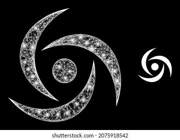 Glossy mesh vector swirl with glare effect. White mesh, flash spots on a black background with swirl icon. Mesh and glare elements are placed on different layers.