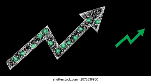 Flecha de tendencia ascendente vectorial de malla brillante con efecto de resplandor. Malla blanca, manchas de luz sobre un fondo negro con icono de flecha de tendencia ascendente. Los elementos de malla y resplandor se colocan en diferentes capas.