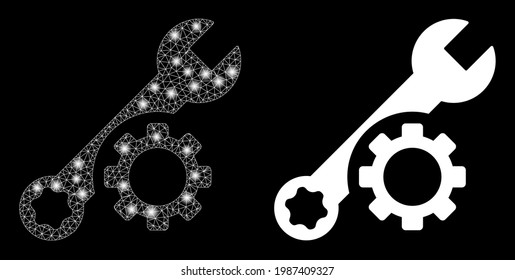Llave de ajuste del vector de malla brillante con efecto de resplandor. Malla blanca, puntos brillantes sobre un fondo negro con el icono de la llave de ajuste. Los elementos de malla y foco se colocan en diferentes capas.