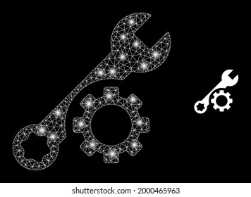 Glossy mesh vector tuning wrench with glare effect. White mesh, bright spots on a black background with tuning wrench icon. Mesh and glare elements are placed on different layers.