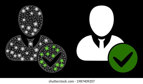 Glossy mesh vector valid user with glare effect. White mesh, flash spots on a black background with valid user icon. Mesh and glowing elements are placed on different layers.