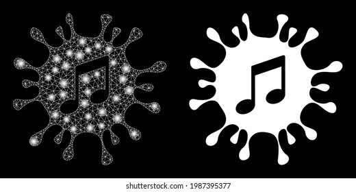 Glossy mesh vector virus melody with glare effect. White mesh, bright spots on a black background with virus melody icon. Mesh and glare elements are placed on different layers.