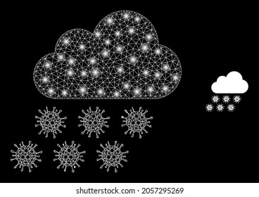 Glossy mesh vector virus rain cloud with glare effect. White mesh, glare spots on a black background with virus rain cloud icon. Mesh and lightspot elements are placed on different layers.