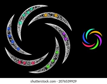 Glossy mesh vector whirl rotation with glare effect. White mesh, light spots on a black background with whirl rotation icon. Mesh and lightspot elements are placed on different layers.