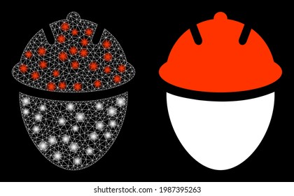 Glossy mesh vector worker head with glow effect. White mesh, light spots on a black background with worker head icon. Mesh and glowing elements are placed on different layers.