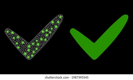 Glossy mesh vector yes with glare effect. White mesh, bright spots on a black background with yes icon. Mesh and glare elements are placed on different layers.