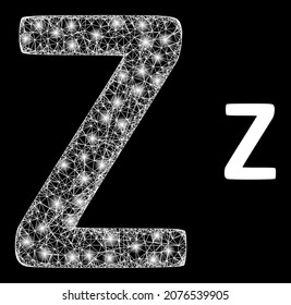 Glossy mesh vector Zeta Greek symbol with glare effect. White mesh, bright spots on a black background with Zeta Greek symbol icon. Mesh and glowing elements are placed on different layers.