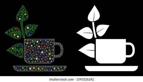 Glossy mesh vegan drink icon with glare effect. Abstract illuminated model of vegan drink. Shiny wire frame triangular mesh vegan drink icon. Vector abstraction on a black background.