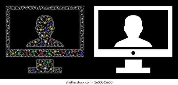 Glossy mesh video blogger PC icon with lightspot effect. Abstract illuminated model of video blogger PC. Shiny wire carcass polygonal mesh video blogger PC icon.