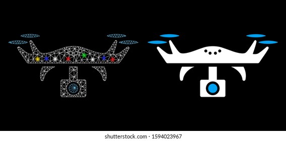 Glossy mesh video spy copter icon with glare effect. Abstract illuminated model of video spy copter. Shiny wire frame polygonal mesh video spy copter icon. Vector abstraction on a black background.