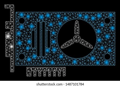Glossy mesh videocard with glow effect. Abstract illuminated model of videocard icon. Shiny wire frame polygonal mesh videocard. Vector abstraction on a black background.