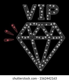 Glossy mesh VIP brand with glitter effect. Abstract illuminated model of VIP brand icon. Shiny wire carcass triangular mesh VIP brand. Vector abstraction on a black background.
