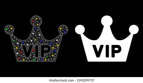 Glossy mesh VIP crown icon with sparkle effect. Abstract illuminated model of VIP crown. Shiny wire frame polygonal network VIP crown icon. Vector abstraction on a black background.