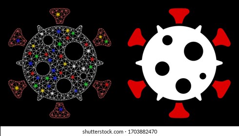Virus de malla brillante con efecto de foca. Modelo abstracto iluminado de icono de virus. Icono base y virus de malla poligonal del bastidor blanco. Extracción vectorial en un fondo negro.