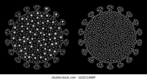 Glossy mesh virus shell with glow effect. Abstract illuminated model of virus shell icon. Shiny wire frame polygonal mesh virus shell icon. Vector abstraction on a black background.