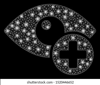 Glossy mesh vision medical cross with glow effect. Abstract illuminated model of vision medical cross icon. Shiny wire frame triangular mesh vision medical cross.