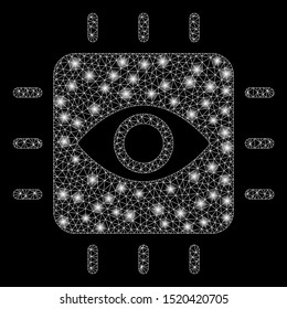 Glossy mesh vision processor with glare effect. Abstract illuminated model of vision processor icon. Shiny wire frame triangular mesh vision processor. Vector abstraction on a black background.