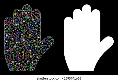 Glossy mesh voting hand icon with glare effect. Abstract illuminated model of voting hand. Shiny wire carcass triangular mesh voting hand icon. Vector abstraction on a black background.