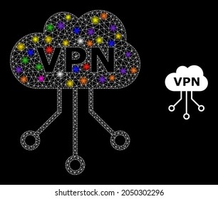 Glossy mesh VPN cloud constellation icon with light spots. Illuminated vector constellation is created from VPN cloud picture. Sparkle carcass polygonal VPN cloud on a black background.