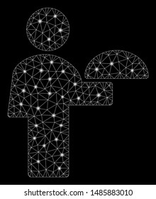 Glossy mesh waiter with glow effect. Abstract illuminated model of waiter icon. Shiny wire frame triangular mesh waiter. Vector abstraction on a black background.