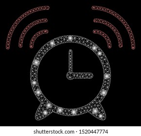 Glossy mesh wake up clock with glare effect. Abstract illuminated model of wake up clock icon. Shiny wire frame triangular network wake up clock. Vector abstraction on a black background.