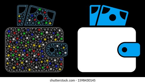 Glossy mesh wallet icon with lightspot effect. Abstract illuminated model of wallet. Shiny wire carcass triangular mesh wallet icon. Vector abstraction on a black background.