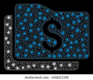 Glossy mesh wallet with lightspot effect. Abstract illuminated model of wallet icon. Shiny wire carcass triangular mesh wallet. Vector abstraction on a black background.