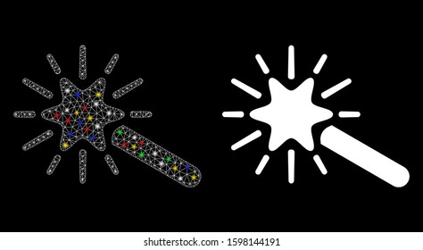 Glossy mesh wand magic tool icon with glitter effect. Abstract illuminated model of wand magic tool. Shiny wire frame triangular network wand magic tool icon. Vector abstraction on a black background.