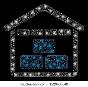 Glossy mesh warehouse with sparkle effect. Abstract illuminated model of warehouse icon. Shiny wire carcass polygonal network warehouse. Vector abstraction on a black background.
