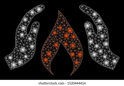 Glossy mesh warm up hands with glitter effect. Abstract illuminated model of warm up hands icon. Shiny wire frame polygonal mesh warm up hands. Vector abstraction on a black background.