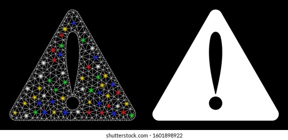 Glossy mesh warning error icon with glow effect. Abstract illuminated model of warning error. Shiny wire frame triangular mesh warning error icon. Vector abstraction on a black background.