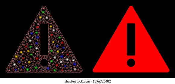 Glossy mesh warning icon with glare effect. Abstract illuminated model of warning. Shiny wire frame triangular mesh warning icon. Vector abstraction on a black background.