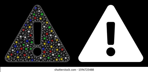 Glossy mesh warning icon with lightspot effect. Abstract illuminated model of warning. Shiny wire frame polygonal mesh warning icon. Vector abstraction on a black background.