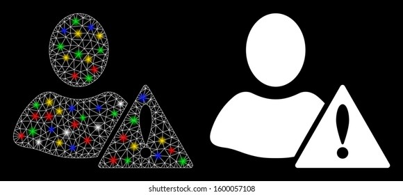 Glossy mesh warning icon with lightspot effect. Abstract illuminated model of warning. Shiny wire frame triangular network warning icon. Vector abstraction on a black background.