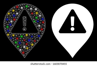 Glossy mesh warning map marker icon with glitter effect. Abstract illuminated model of warning map marker. Shiny wire frame polygonal mesh warning map marker icon.