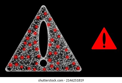 Glossy mesh warning triangle with glowing spots. Wire frame 2D mesh generated with crossing white lines and warning triangle icon.