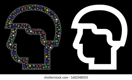 Glossy mesh warrior head icon with glitter effect. Abstract illuminated model of warrior head. Shiny wire frame triangular mesh warrior head icon. Vector abstraction on a black background.