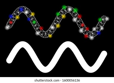 Glossy mesh wave signal icon with glare effect. Abstract illuminated model of wave signal. Shiny wire carcass triangular mesh wave signal icon. Vector abstraction on a black background.